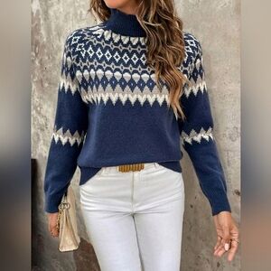 New Casual Boho Fair Isle Knit Turtleneck Sweater Top Pullover Navy Blue White